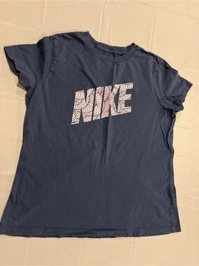 Navy Graphic Tee with Pink & White 'NIKE' Style Print